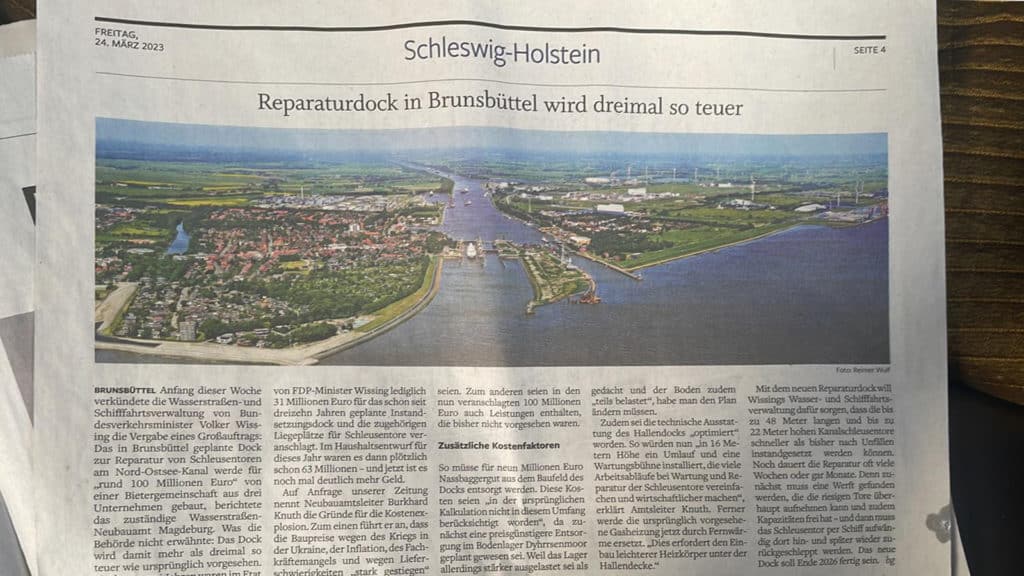 100 Millionen Euro für ein Dock zur Wartung und Reparatur der Schleusentore des Nord-Ostsee-Kanals